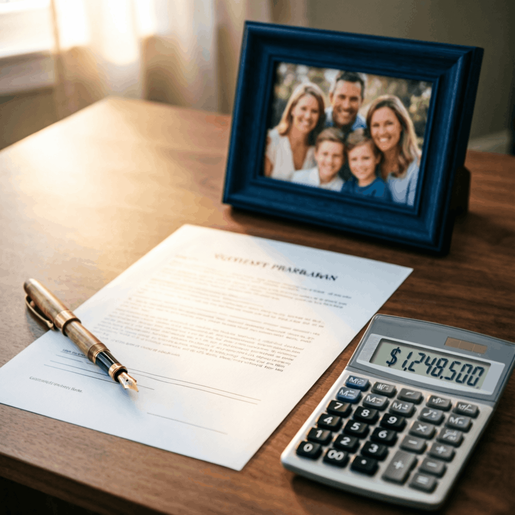 LIC life insurance policy documents fountain pen calculator and family photograph on wooden desk representing best life insurance advisor services in Kankroli Rajsamand